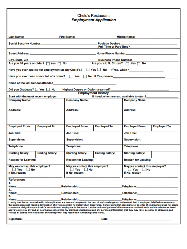 Chelo s Restaurant Job Application Form With Excellent Assessment