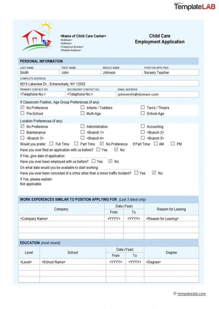 Download Child Care Employment Application Template TemplateLab 