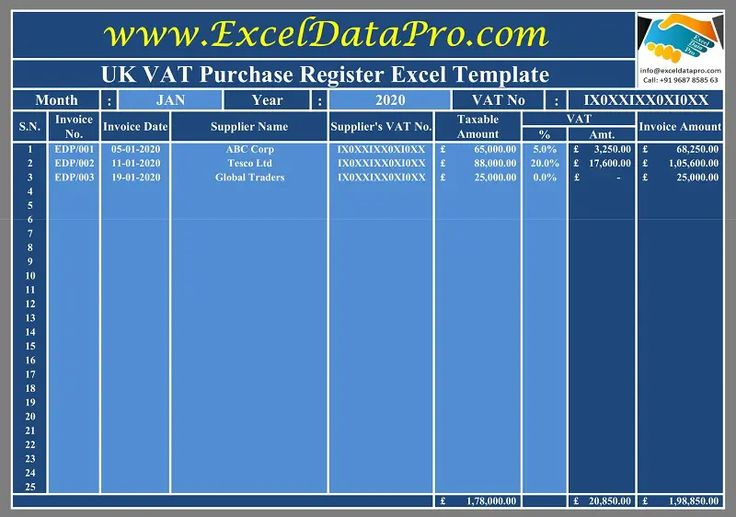 Download UK VAT Purchase Register Excel Template ExcelDataPro In 2020
