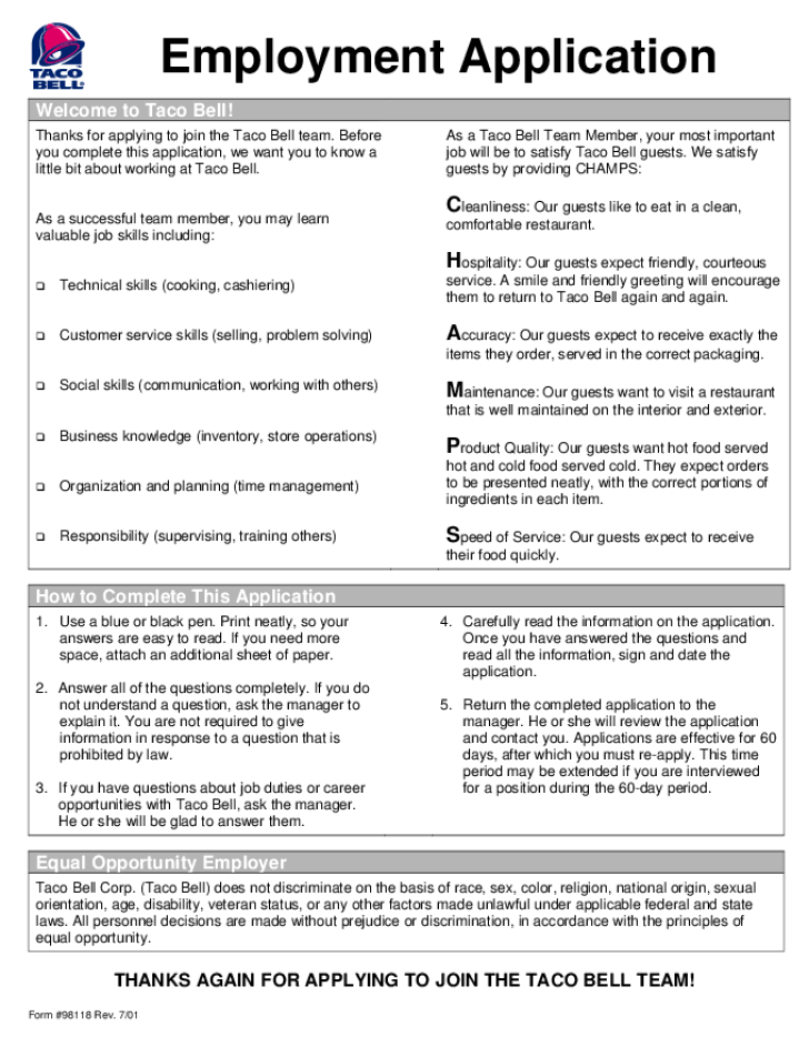 Free Printable Taco Bell Job Application Form