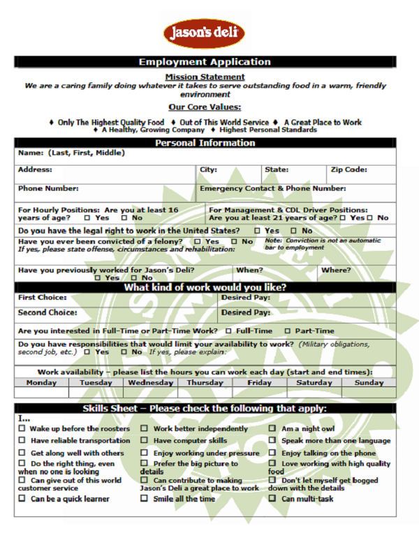 Jasons s Deli Job Application Form