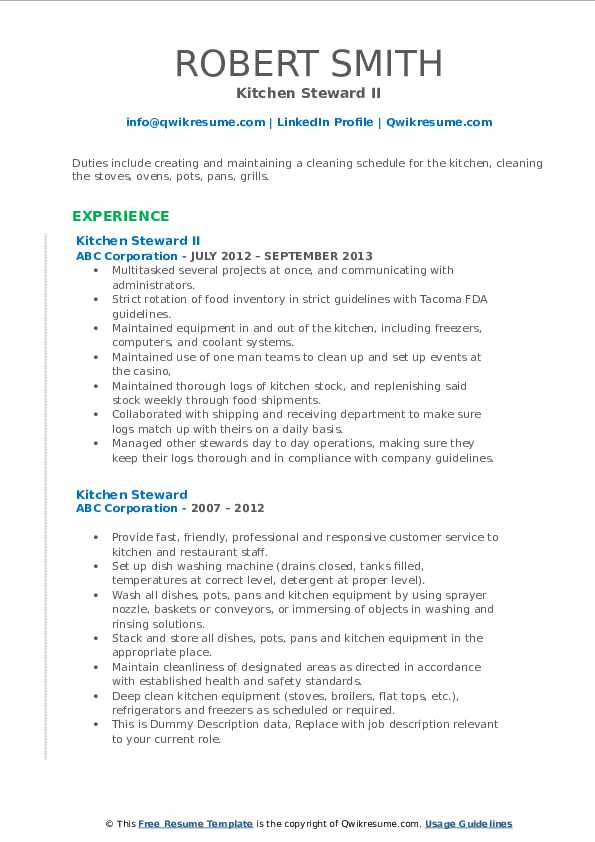 Kitchen Steward Resume Samples QwikResume