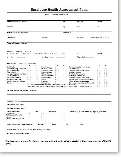 Medical Form Templates Medical History Employee Health Self