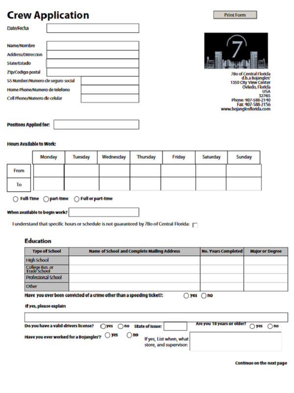 Bojangles Job Application Form Free Job Application Form