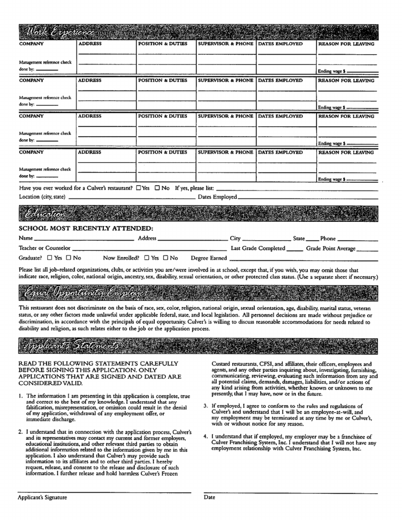 Culver s Employment Application Pdf MPLOYME