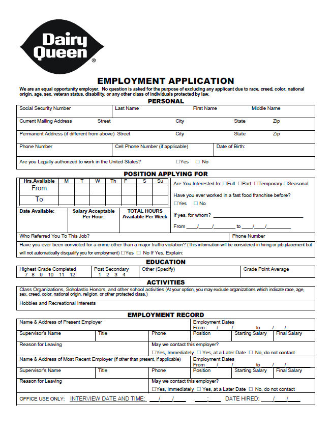 Dairy Queen Application Pdf Amulette