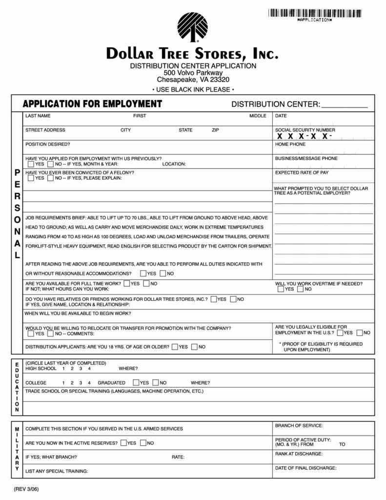 Dollar Tree Application Pdf Printable Resume Examples