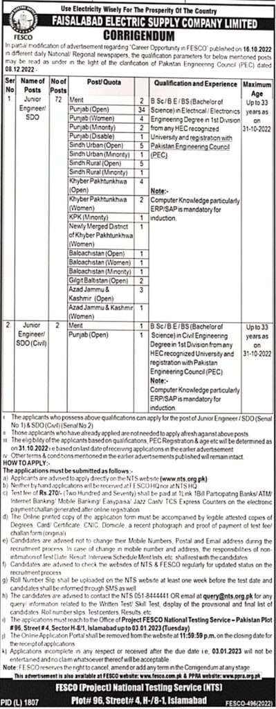 FESCO NTS Jobs 2023 Application Form Last Test Date