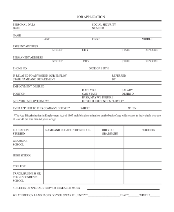 FREE 10 Sample Generic Job Application Forms In PDF MS Word Excel