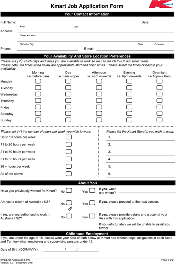 Free Kmart Application Form PDF 107KB 2 Page s 