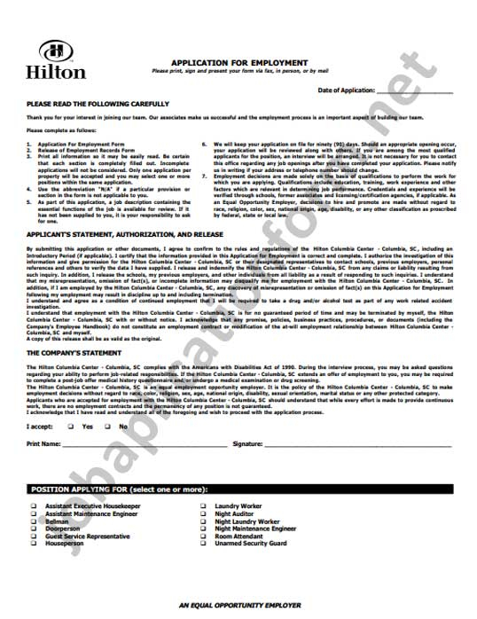 Hilton Hotels Application Form Printable PDF Careers Job