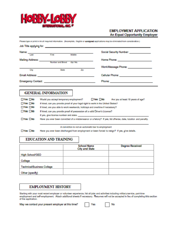 Hobby Lobby Job Application Form Free Job Application Form