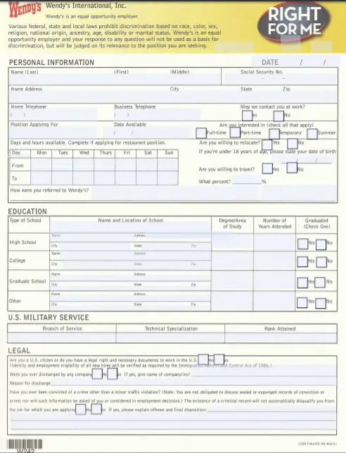Impertinent Wendys Job Application Printable Harper Blog