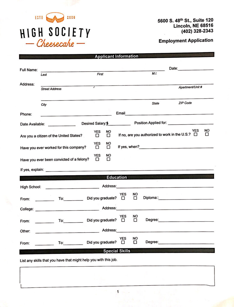 Job Application High Society Cheesecake