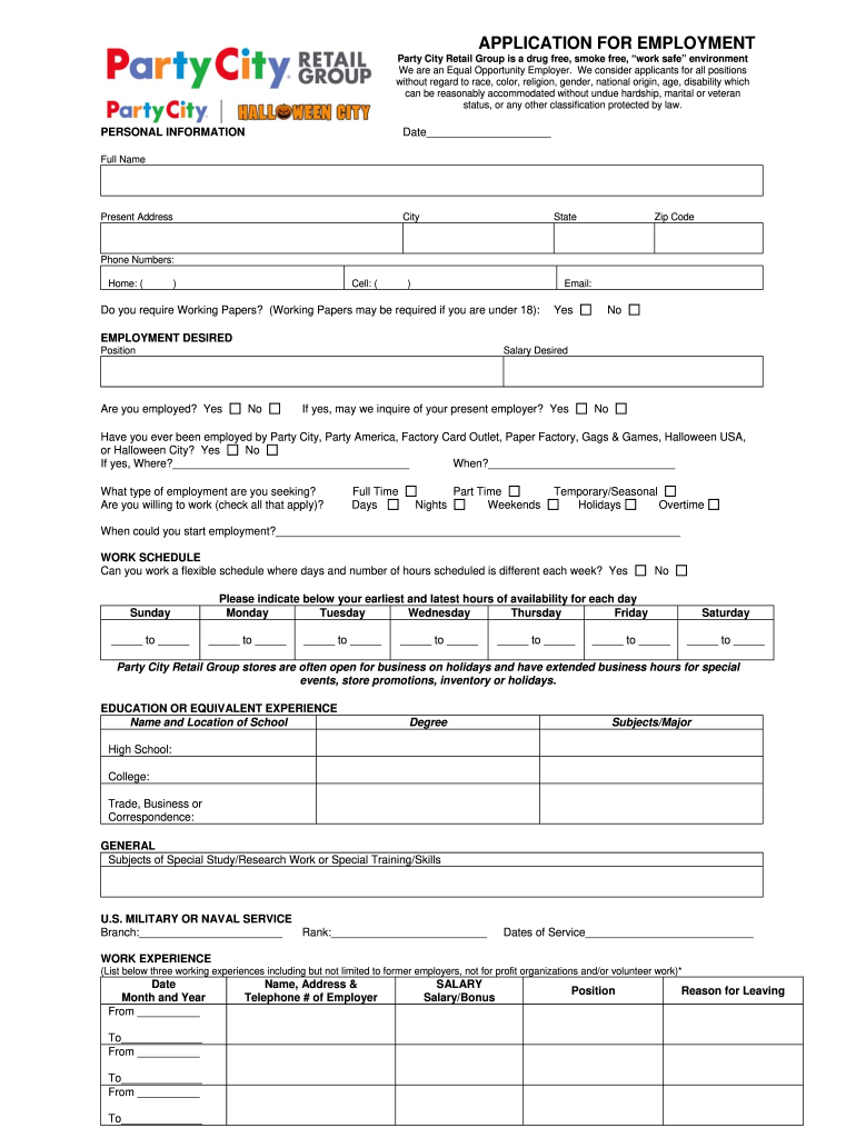 Party City Application Fill Online Printable Fillable Blank