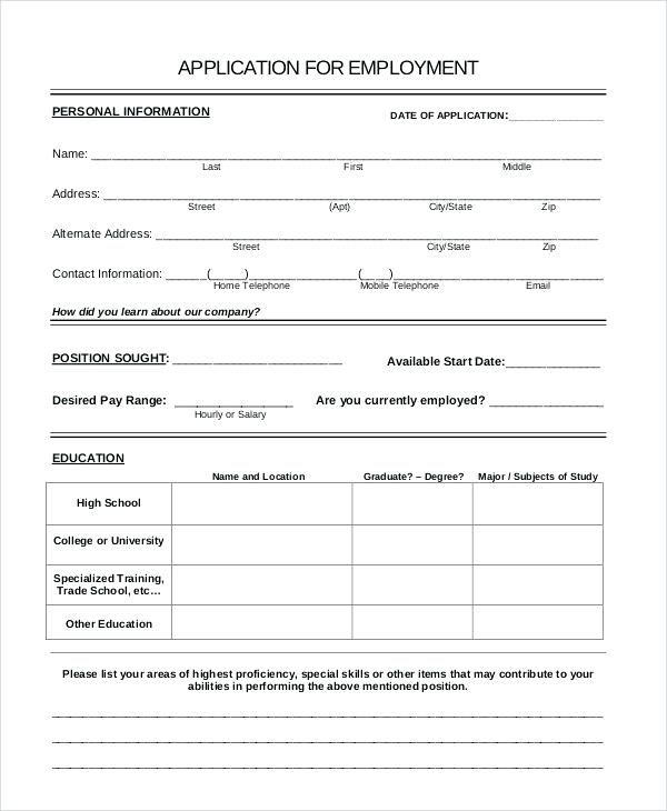 Printable Pdf Employment Application Template Google Search