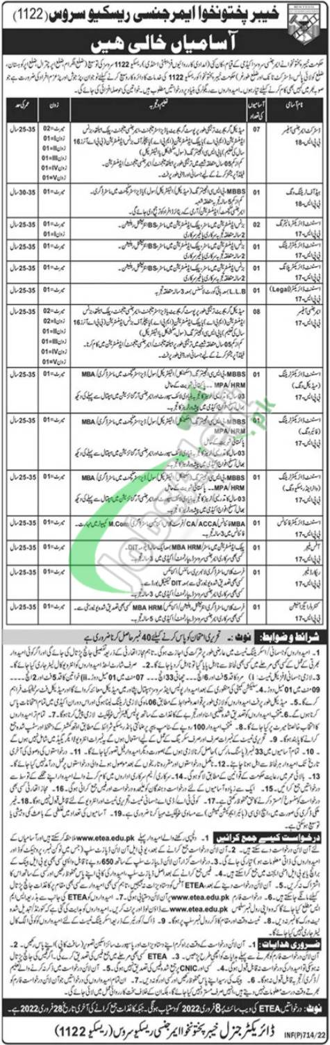 Rescue 1122 Jobs 2022 KPK Advertisement Application Form Etea edu pk