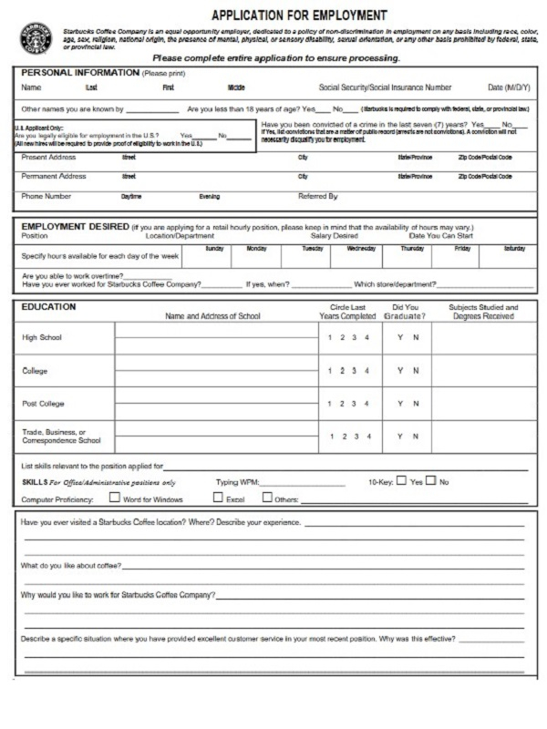 Starbucks Job Application Form