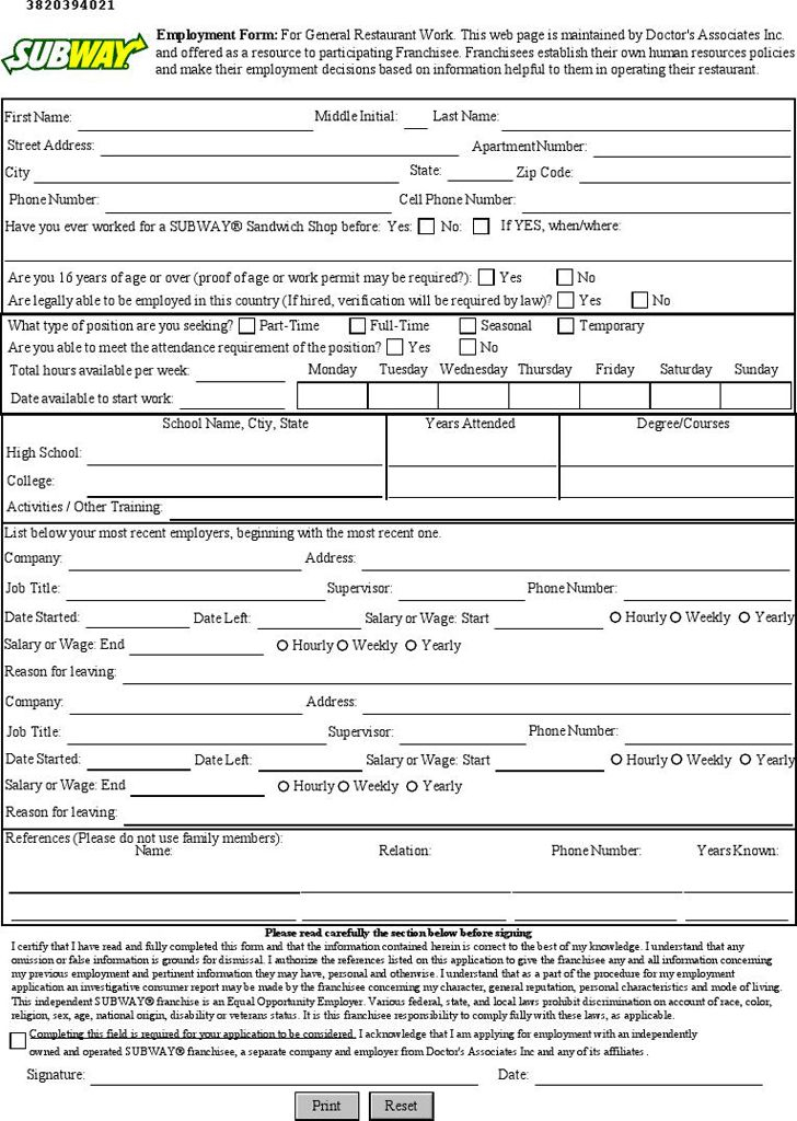 Subway Employment Application In 2020 Employment Application Job